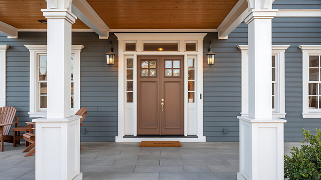 Front porch of a house with a double brown door white columns and blue siding and a wooden ceiling 