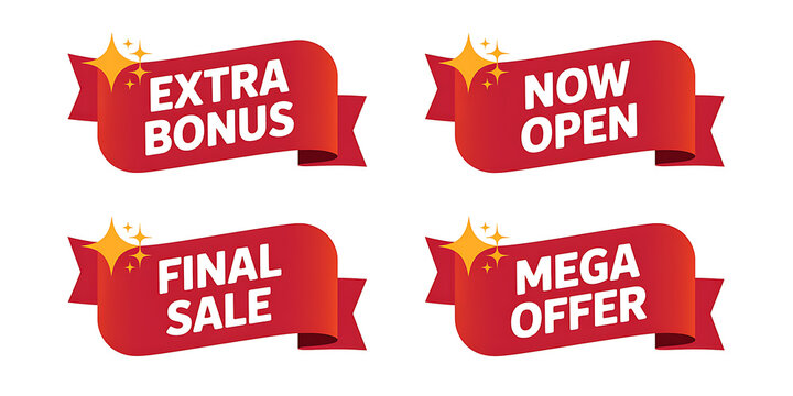 Four red ribbon banners with white text for sales promotions and announcements on a white background 