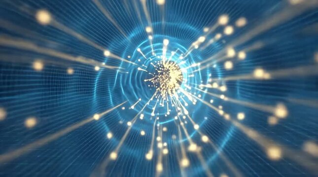 Glowing particles moving through digital blue wormhole