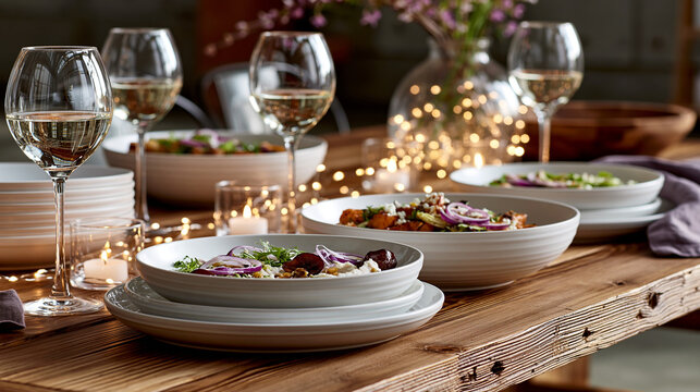 Elegant dinner table setting with white plates and wine glasses for a formal event