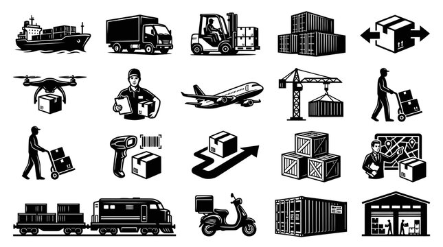 Logistics and Shipping Black  White Glyph Icons Set - Transportation, Delivery, Cargo, Warehouse Vector Symbols