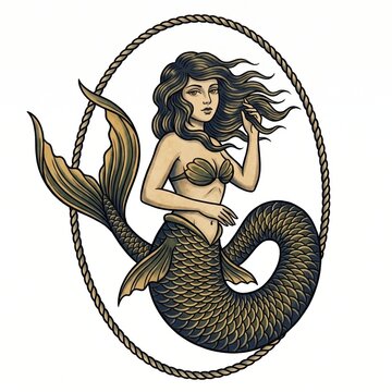 Vintage nautical mermaid with divided fishtail curled inside a rope oval, featuring windswept dark hair, golden scales, shell bodice and hand-inked maritime tattoo styling on clean white background