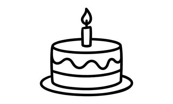 Simple black and white birthday cake with single lit candle illustration transparent background