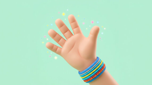 3D Cartoon Hand Waving Hello with Colorful Bracelets and Magic Sparkles