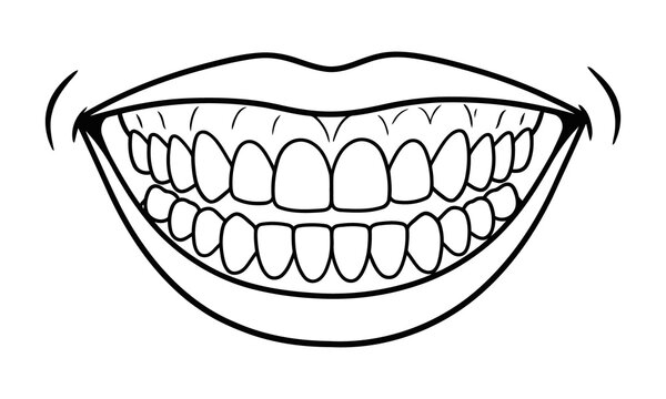 Simple line drawing of smiling mouth with teeth isolated graphic design transparent background