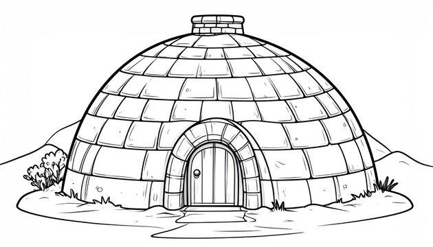 Igloo arctic shelter line drawing on white background.