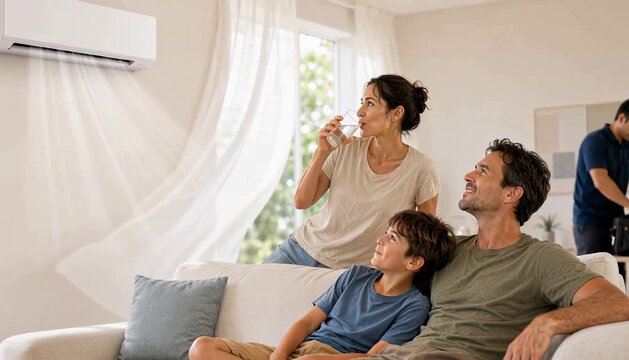 Family Relaxing on Sofa After Air Conditioner Repair in Sunlit Living Room for Home Comfort Concept