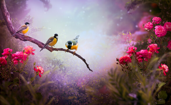 Tit birds sitting on tree branch and pink rose flowers blooming in summer mystical garden, mysterious fairy tale dreamy violet floral background with flock of three cute songbirds perched on twig.