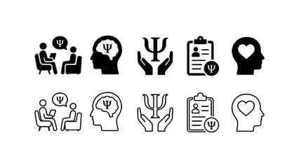 Fototapeta premium Psychology and Mental Health Icon Set in Silhouette and Outline Style