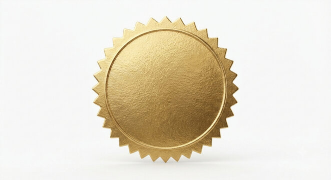 Blank golden metallic seal or badge with decorative jagged edges, textured surface for custom logos and certifications isolated on white background