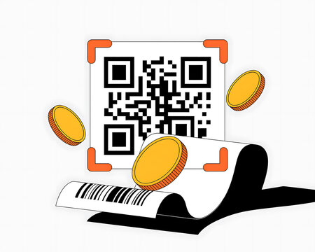 QR code and receipt with flying gold coins on a white background for digital payment 