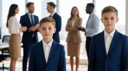 Fototapeta premium Two young boys in blue suits stand in a modern office. Adults in suits in the background. Represents future business leaders or child prodigies in corporate environments.