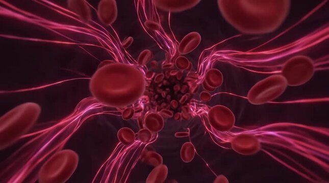 Red blood cells and plasma fibers swirling in vessel