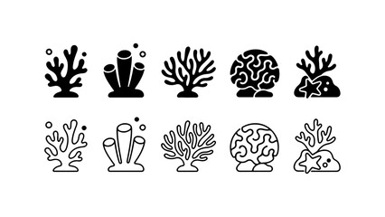 Fototapeta premium Coral Reef Icon Set in Silhouette and Line Art Vector Style
