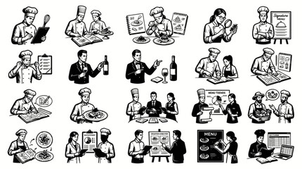 Obraz premium Chefs Consulting and Cooking: Black and White Line Art Vector Illustrations