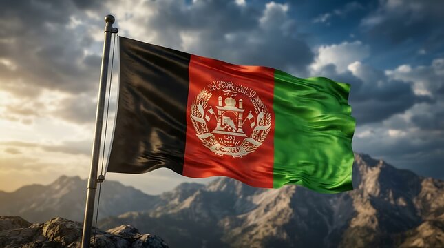 Afghanistan flag waving proudly over majestic mountain range background