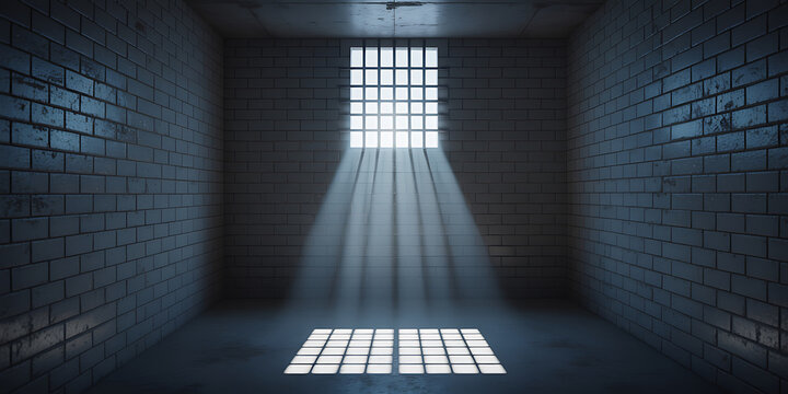 Stark prison cell interior with barred window and light rays illuminating the floor and walls 