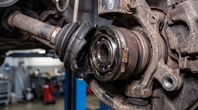 Highly detailed torn car CV joint boot and damaged axle