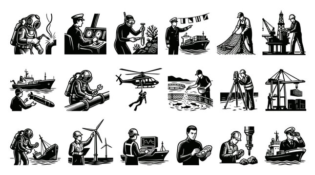 Maritime Offshore Marine Industry Vector Illustrations Set: Divers, Ships, Oil Rigs, Fisheries in Engraving Style