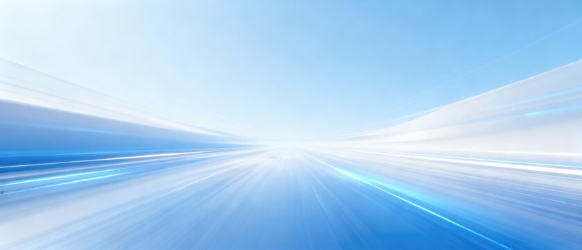 Abstract blue and white high speed light trails converging toward bright horizon, idea for digital technology, fast network, data transfer and futuristic background
