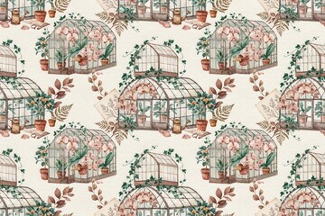 Fototapeta premium Seamless pattern featuring watercolor of glass greenhouses, potted orchids, ferns, and gardening tools on a light beige background