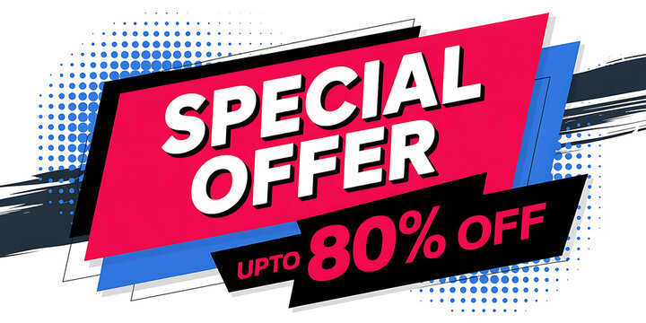 Vibrant special offer with bold text announcing up to eighty percent off sale discount 