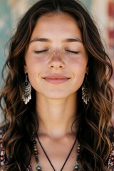 Obraz premium Young woman with freckles and long wavy hair enjoys moment of peace, eyes closed. Her serene expression and bohemian jewelry suggest mindfulness and natural beauty.