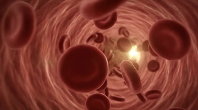 Red blood cells flowing through a blood vessel