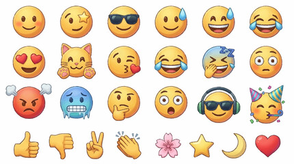 Obraz premium Colorful collection of expressive emoji faces and symbols.