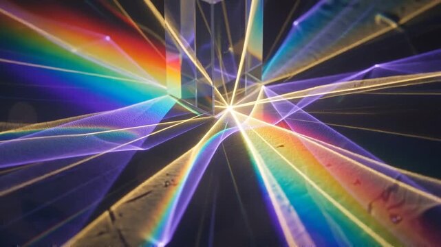 Optical Glass Prism Refracting Light into Vibrant Rainbow Spectrum and Laser Beams on Dark Background