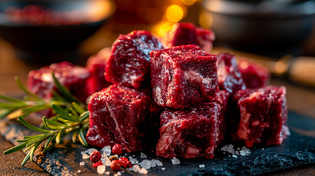 Raw seasoned beef cubes on a stone slate board with fresh rosemary and peppercorns