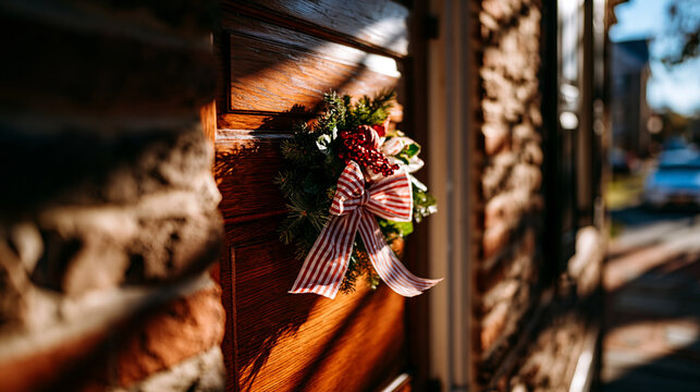 Festive christmas wreath with striped ribbon hanging on wooden wall, christmas