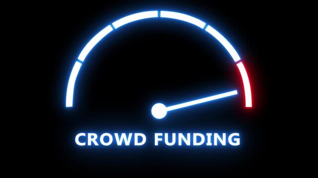 Crowdfunding progress gauge animation: neon financial success meter for startup capital and investment growth