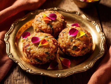 Golden plate with three round Indian fritters garnished with colorful petals. These savory snacks are served on a rustic wooden table. Delicious food presentation.