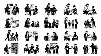 Obraz premium Education Icons: Teachers, Students, Learning Activities, Black and White Line Art
