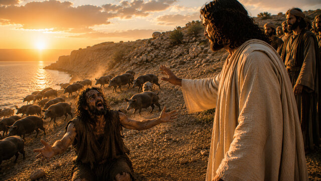 Jesus Casts Out Demons From The Gerasene Man Into A Herd Of Pigs, New Testament Bible Story