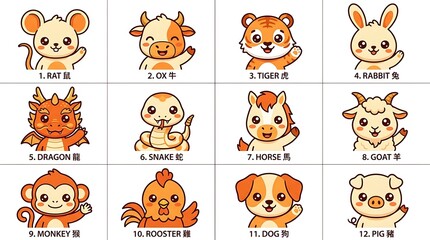 Fototapeta premium Kawaii style chinese zodiac animal icons set on white