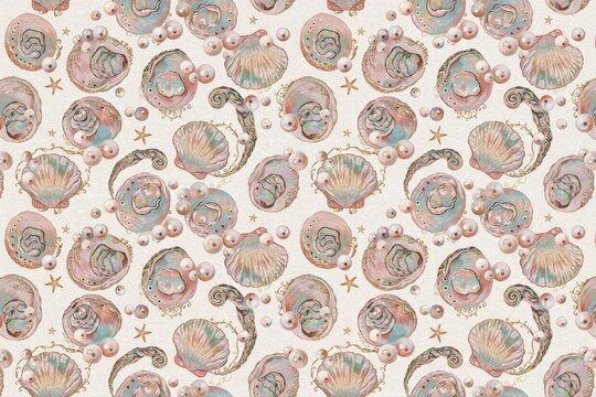 Seamless pattern featuring watercolor of seashells, pearls, and starfish arranged on a light beige background, for nautical decor