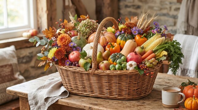 Harvest basket filled with pumpkins, vegetables and flowers at an autumn market, seasonal produce, local food and fall celebration.