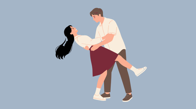 Flat vector illustration of a young couple hugging.