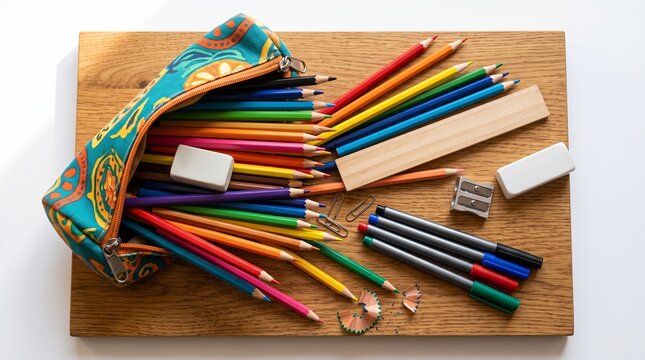 School supplies and colored pencils spilling from pencil case on wooden table for Back to School season