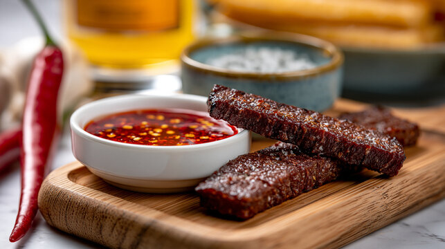 Grilled savory beef jerky snack strips served on a wooden board with spicy chili dip