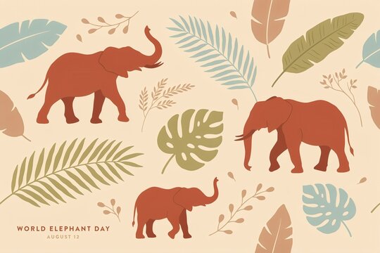 Seamless pattern for elephant day featuring terracotta colored elephants and various tropical palm leaves on a light beige background