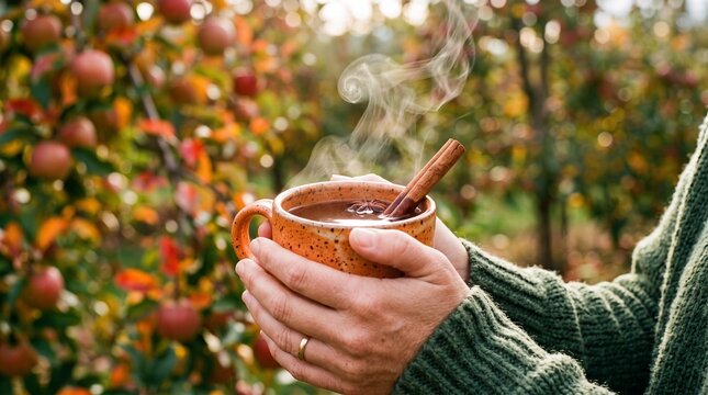 Hands holding mug of hot spiced apple cider in autumn orchard for Thanksgiving and harvest celebration