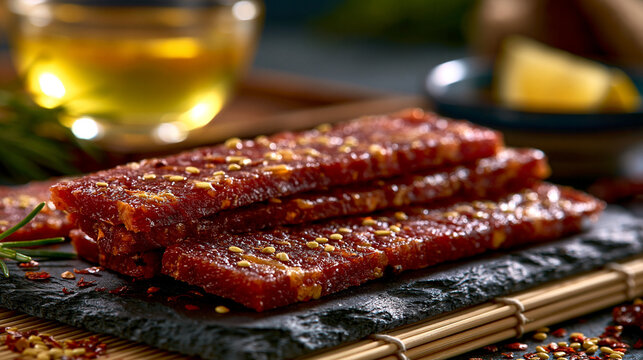Spicy glazed beef jerky snack sticks arranged on a black slate tray for serving