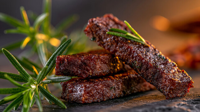Gourmet beef jerky meat sticks garnished with fresh green rosemary sprigs on dark stone