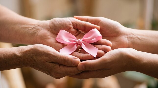 Caring hands holding pink ribbon for Breast Cancer Awareness Month and International Women's Day