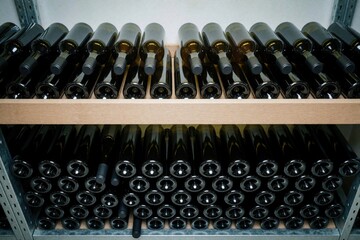 Obraz premium Many dark glass bottles for wine are neatly arranged on wooden shelves in cellar. Bottles stored for aging and maturation process. Collection ready for tasting or sale.
