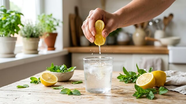 Squeezing fresh lemon juice into a glass of ice water