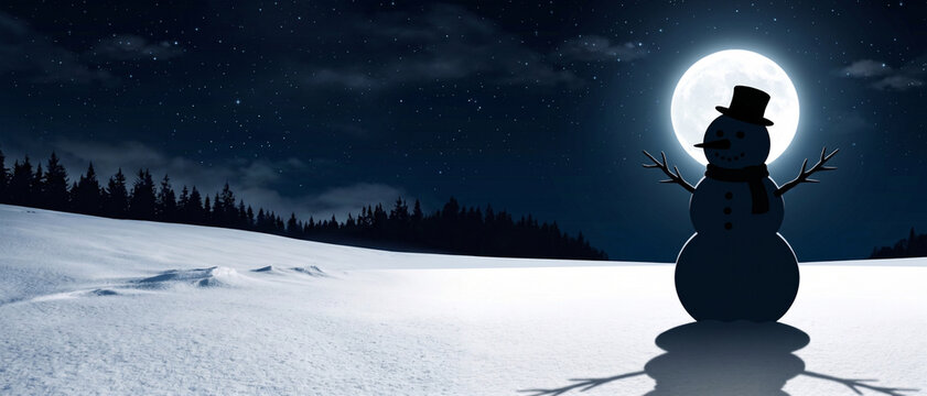 Snowman silhouette in a snowy winter night landscape beneath a glowing full moon with forest background and copy space
